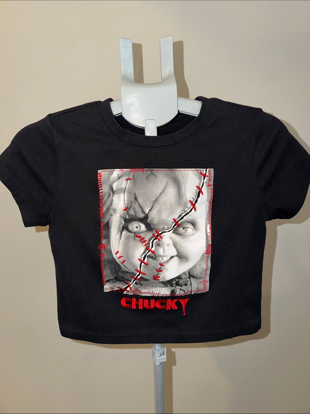 Embroidered Black Chucky Graphic Crop Top
